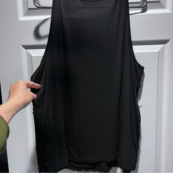 Black tank top with sequin and feather detail. Size 3X. Super cute and comfy. - Picture 2 of 5